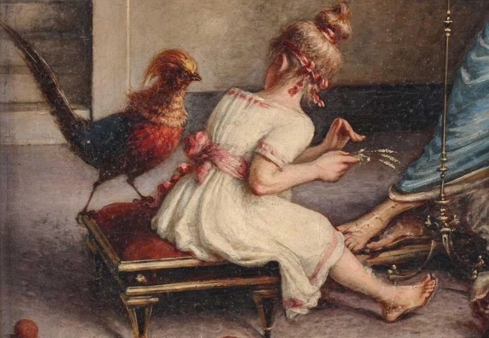 Scena d'interno, un gruppo di figure che ammirano uccelli esotici - dettaglio 2